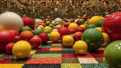 Colorful spherical objects on a multicolored checkered floor