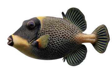 A detailed close-up of a honeycomb-patterned fish, showcasing intricate details and vibrant colors. background removed