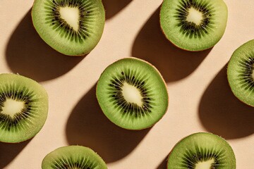 Fototapeta premium Sliced kiwi fruits arranged on pastel beige background.