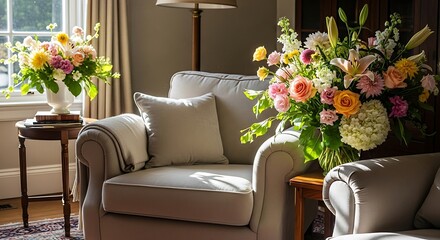 Elegant floral arrangements brighten a traditionally styled living room interior with sunlight