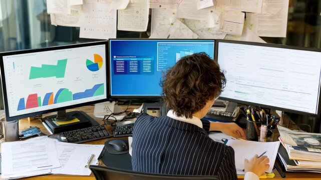 Paralegal at a dualmonitor desk with charts and legal references open illustrating thorough case analysis and hightech office environment.