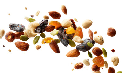 Assorted dried fruits and nuts flying in the air isolated on transparent background