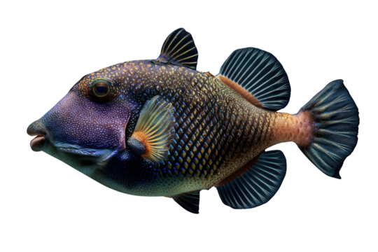 A vibrant, intricately patterned triggerfish, isolated on a transparent background. background removed
