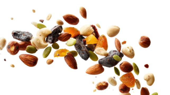Assorted dried fruits and nuts flying in the air isolated on transparent background