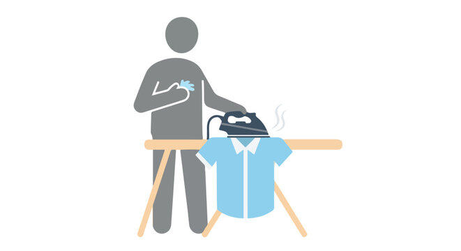 Stylized depiction of an individual ironing a shirt on a table with smoke rising depicting a mundane domestic task done indoors