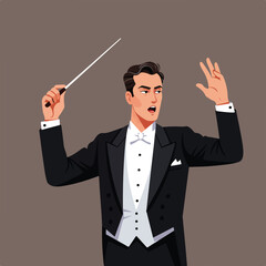 Orchestral conductor raising baton, emotive expression, formal wear
