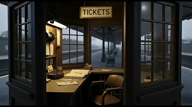 Vintage Train Station Ticket Booth at Dusk.