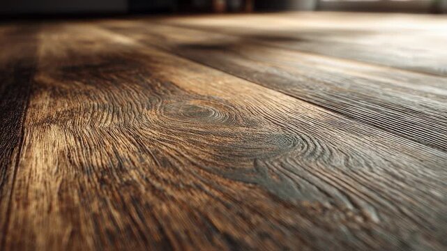Close medium shot of woodlook luxury vinyl planks emphasizing natural grain and rich tones with the primary plank clearly focused and surrounding floor softly blurred.