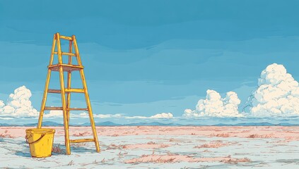 Pastel-toned desert landscape with a yellow ladder and bucket