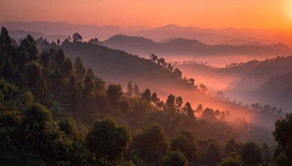 Sunrise over misty mountain range