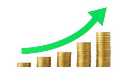 Green arrow graph showing financial growth with stacked coins isolated on transparent background