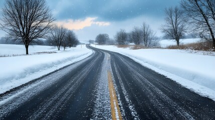 Obraz premium Winding rural road covered in fresh snow with bare trees under a cloudy winter sky