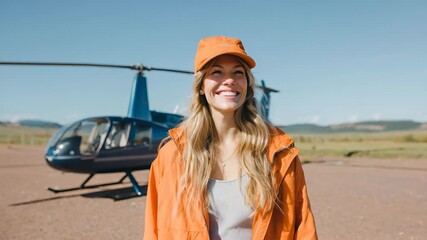 female helicopter sports enthusiast stands next to helicopter adorned in bright headgear smiling joyfully under