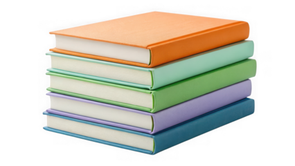 Stack of five colorful books isolated on transparent background