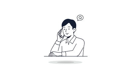 Person using phone with question mark bubble representing communication or inquiry illustrated with clean line art for business themes