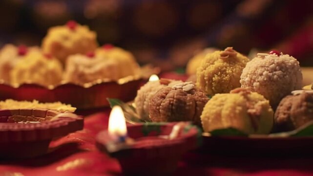 Diwali sweets and diya oil lamps, celebrating the festival of lights