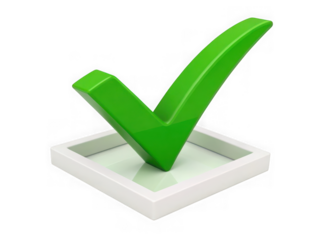 Green check mark in white box isolated on transparent background