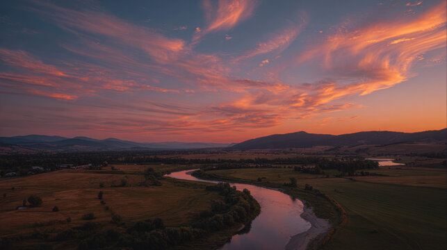 Colorful sunset over tranquil river winding through lush green landscape with distant mountains and dramatic cloud formations in vibrant evening sky