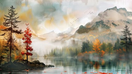 Seasonal Forest Landscapes: Pine/Fir Trees, Winter Snowy Mountains & Sunset Lake Water Views