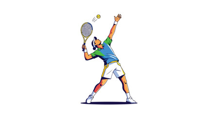 Dynamic tennis player serving the ball illustration, conveying the energy of the game and sportsmanship on a clean white canvas