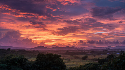 Vibrant sunset illuminating the sky with stunning hues of orange, pink, and purple over a mountainous landscape filled with lush greenery and rolling hills.