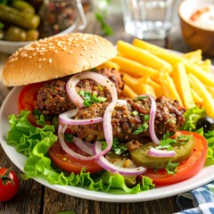Plate of flavorful kebab sandwich with fries