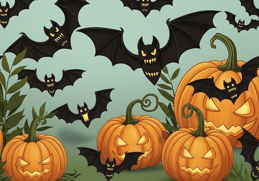 Enchanted pumpkins and sinister bats gathering under the moonlit sky