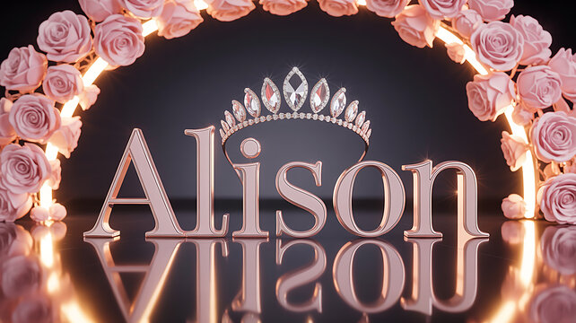 Alison A Stunning Rose Gold Name Displayed with a Crown and Elegant Floral Arch for Celebrations