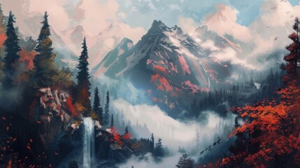 Seasonal Forest Landscapes: Pine/Fir Trees, Winter Snowy Mountains & Sunset Lake Water Views