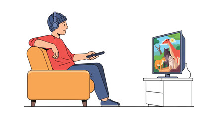 A relaxed man wearing headphones sits on a couch, holding a remote, and watching an animated animal program on television during leisure time