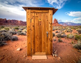 Rustic outhouse in a desert landscape