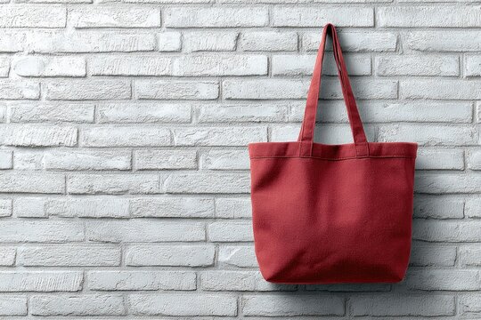 Red tote bag hanging on a white brick wall (2) - Powered by Adobe