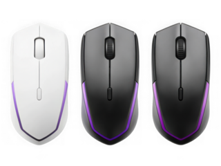 Three computer mice with rgb lighting isolated on transparent background