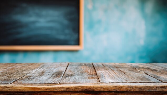 Wooden table in front of a chalkboard wall