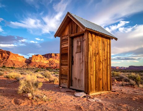 Rustic outhouse in desert landscape at golden hour - Powered by Adobe