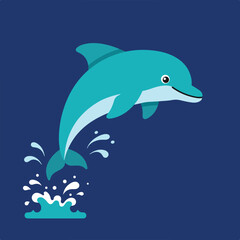Fototapeta premium Teal cartoon dolphin leaps from ocean, white splash, dark blue background