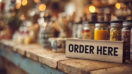 Order here sign on rustic wooden cafe counter.