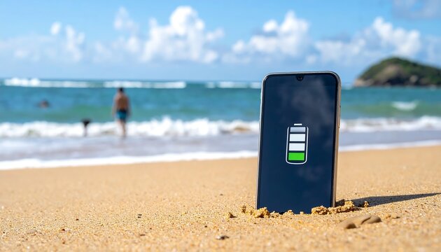 Smartphone on beach with low battery