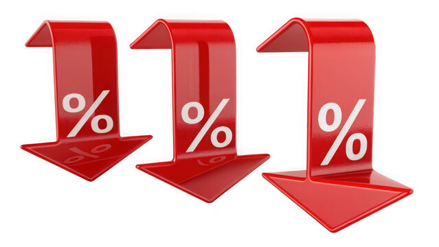 Three red downward arrows with percent symbols isolated on transparent background