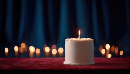 A small, white cake with a lit candle, on a burgundy surface, in front of a backdrop of teal curtains and soft, warm lights