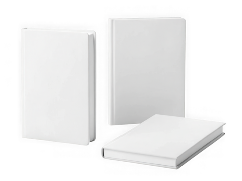 Three blank white books isolated on transparent background