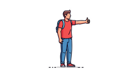 Illustration of a male hitchhiker with backpack on a road trip giving a thumbs up gesture on white background