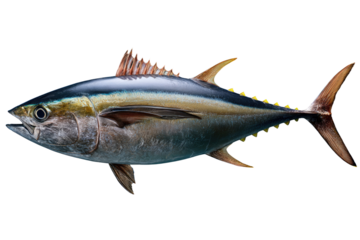 A detailed illustration of a yellowfin tuna, showcasing its scales, fins, and vibrant colors. background removed