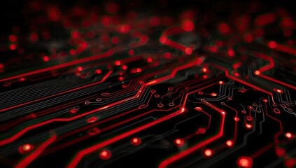 Abstract circuit board, glowing red lines on dark background