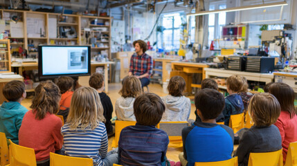 Children sitting in classroom watching presentation on screen, teacher explaining concepts, creative learning environment, focused attention on educational content.