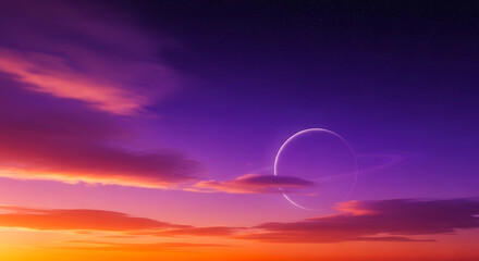 An exoplanet with rings is visible through the clouds in a purple sky