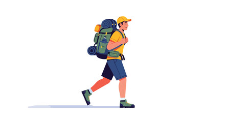 Fototapeta premium Vector illustration of a young man with a large backpack hiking on a light background with shadow creating an engaging scene