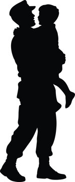 Silhouette of Soldier Holding Child in Arms