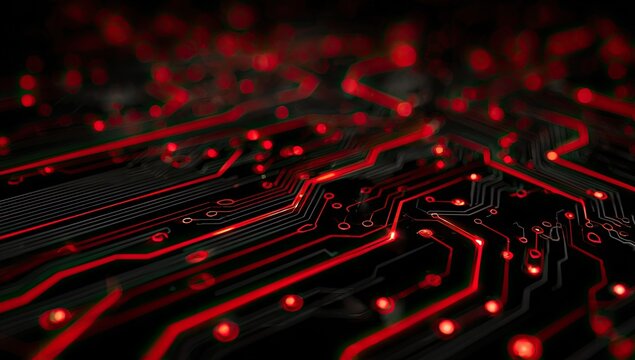 Abstract circuit board, glowing red lines on dark background - Powered by Adobe