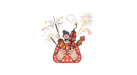 Fototapeta premium A celebratory illustration of a person holding fireworks and sparklers surrounded by bursts of light and excitement is perfect for holiday promotions